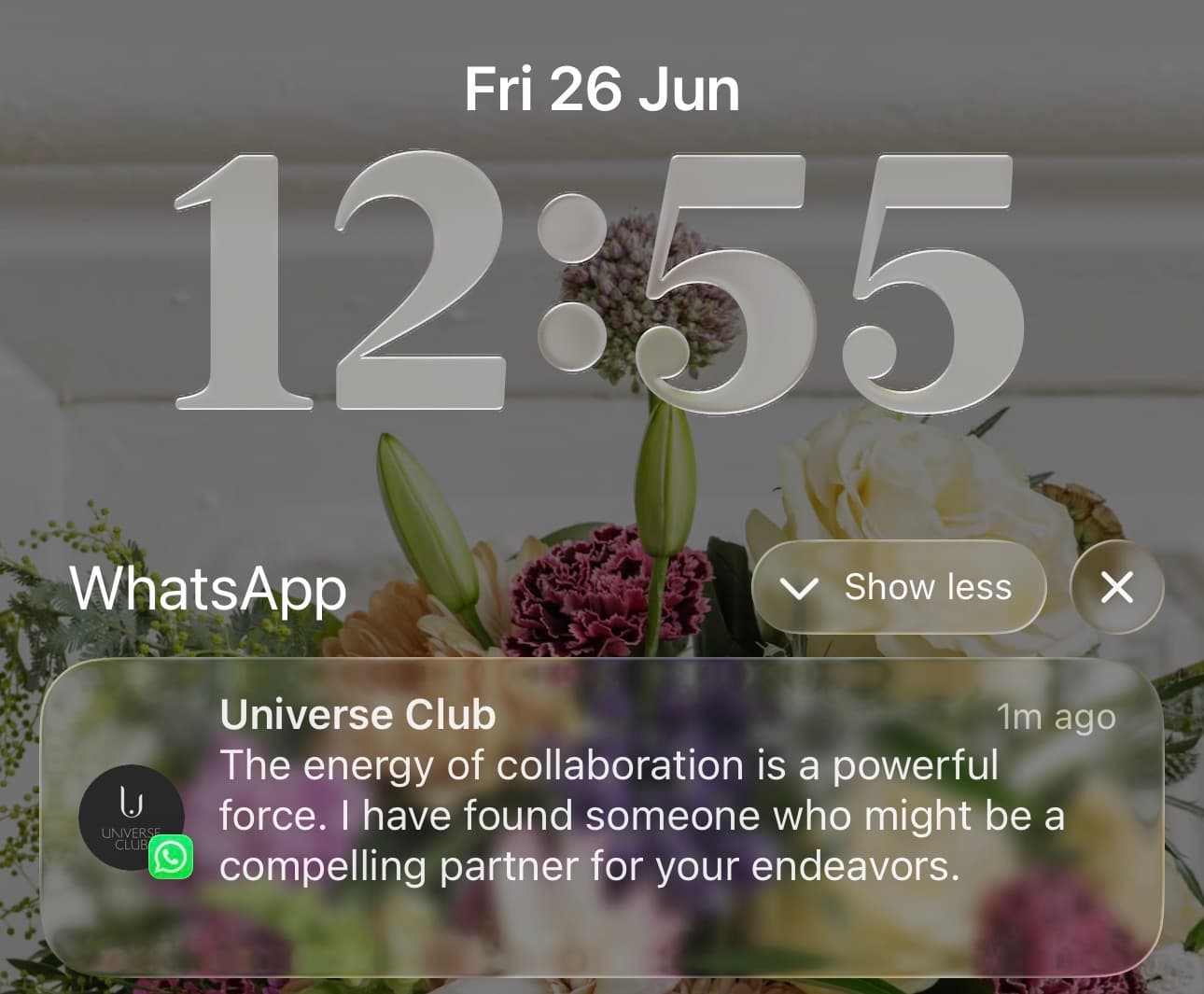 WhatsApp notification from Universe Club surfacing a member collaboration